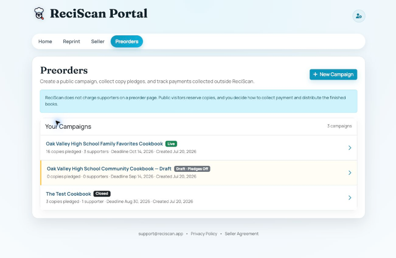 ReciScan Portal campaign list showing live, draft, and closed cookbook pledge campaigns
