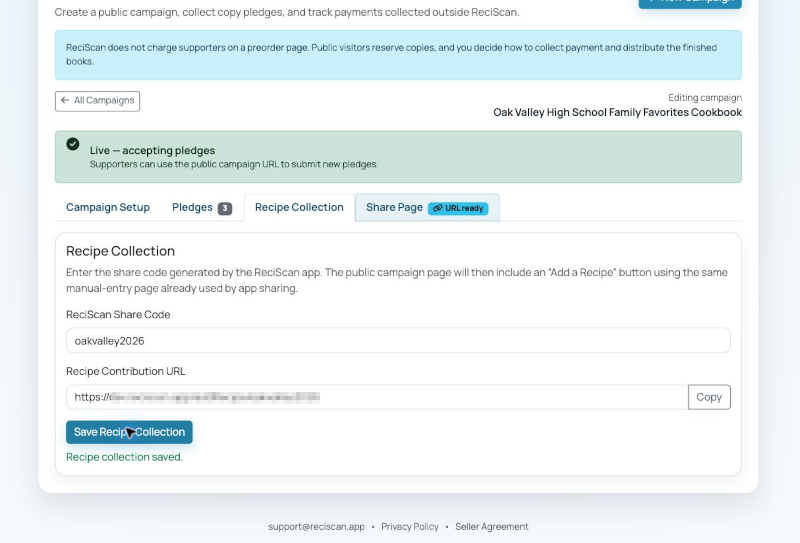 Recipe Collection tab with a ReciScan Share Code and generated contribution link