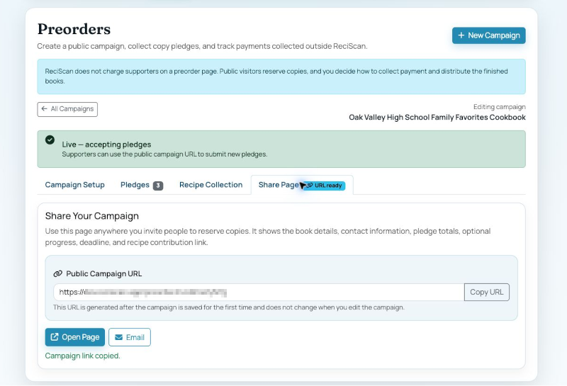 Share Page tab with the permanent public campaign URL